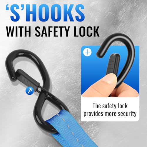 Retractable Ratchet Straps 4 Pack - 1,500 Lbs Break Strength 1 in x 10 Ft Heavy Duty Retractable Ratchet Tie Down Straps with S Hooks Set for Truck, Cargo Van, Trailer, Motorcycle (Blue) - color: Blue