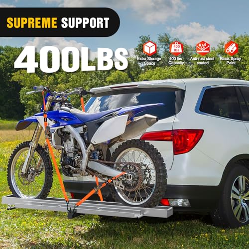 Nilight Motorcycle Hitch Carrier 400LBS, Lightweight Robust Aluminum Dirt Bike Hitch Hauler with 55.11" Longer Ramp, Pin Lock, Tie-Down Strap and Tightener, 2" Receiver, 5" Wide Tire - color: Motorcycle Hitch Carrier Aluminum 400 LBS