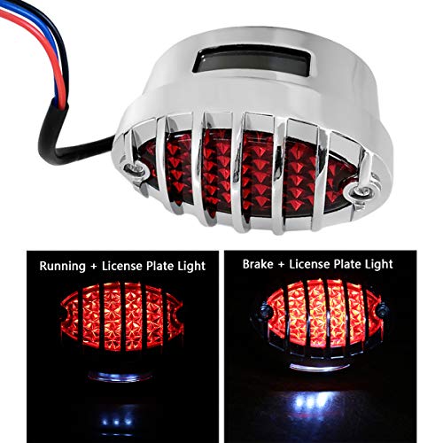 FATECIM Motorcycle Custom Oval-shaped LED Tail Light Cat Eye Rear Running Brake Stop Light Red Lens Integrated License Plate Lamp Universal Fit for Cruisers/Bikes - color: Chrome/Red