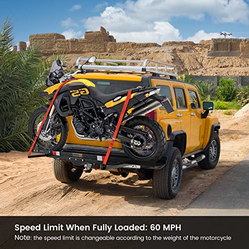 Goplus Motorcycle Hitch Carrier, 600LBS Motorcycle Carrier Hitch Mount with 2 Straps, Loading Ramp, Dirt Bike Trailer, Heavy Duty Motor Cycle Rack, Fit Up to 7.5” Wide Tire
