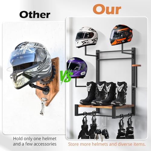 TheElves Motorcycle Helmet Holder Wall Mount, Heavy-Duty Helmet Rack with 4 Helmet Holder & 4 Glove Clips & 4 Hooks, Rustic Wooden Motorcycle Gear Storage Organizer for Helmets, Jackets, Accessories
