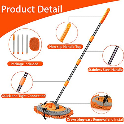 WillingHeart 63" Car Wash Mop Brush Tool Mitt with Long Handle Length More Suitable for Washing American Cars Truck, SUV, RV, Trailer, 2 in 1 Chenille Microfiber Duster Not Hurt Paint Scratch Free - color: Orange