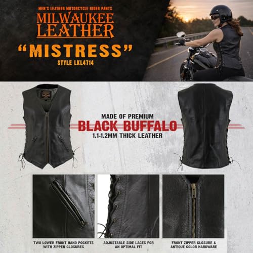 Milwaukee Leather Women's Classic Biker Vest - Premium Leather, Zipper Front, Concealed Carry, Rider Fit Design - color: Black, size: Small