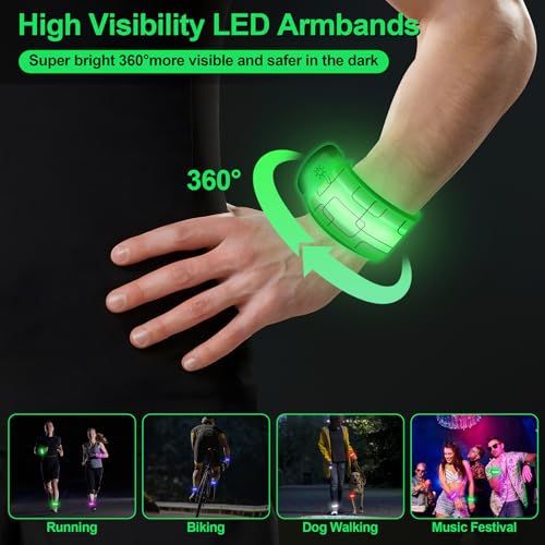 LED Armband Rechargeable for Night Running Walking(2 Pack), High Visibility LED Slap Armband Reflective Running Gear, 6 Colors & 3 Modes Adjustable Light Up Armbands for Men Women Kids