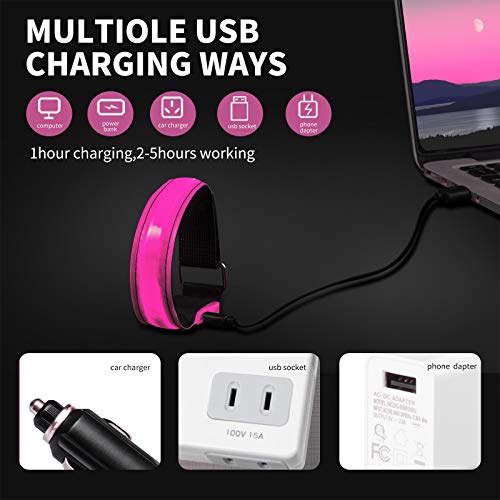 2 Pack Rechargeable LED Reflective Armband, High Brightness High Visibility Night Safety Light Band, Wearable Flashing LED Gear for Running, Walking, Biking and Outdoor Activities - color: L Pink