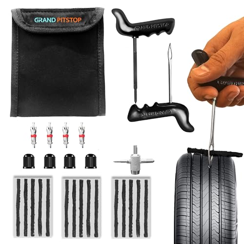 GRAND PITSTOP 27 Pcs Universal Tire Repair Kit, Heavy Duty Car Emergency Tool Kit for Flat Tire Puncture Repair, Compact Kit for Autos, Cars, Motorcycles, Trucks, RVs, etc. (15 Strips) - color: Puncture Kit+15 Strips, size: Puncture Kit+15 Strips