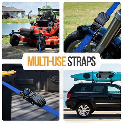 FORTEM Ratchet Straps, Tie Down Strap Set 1650lb Break Strength, 4 Pack 15ft x 1in, 4 Soft Loops, Moving Straps Tie Downs, Cargo Cam Buckles for Trucks, Carry Bag, for Men - color: Blue