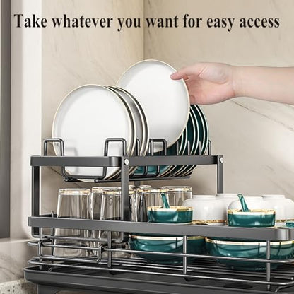 2-Tier Dish Drying Rack with 360° Rotating Drainage, Detachable Utensil Holder , Rust-Resistant Carbon Steel Dish Drainer for Kitchen Counter - color: White