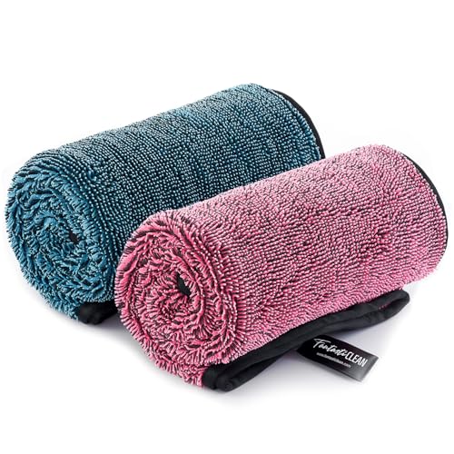 Fantasticlean Large Car Drying Towels- 2 Pack, 32‘’ by 24'' -Premium Microfiber Cleaning Cloth with Dual-Colored Twisted Loop, Ultra Absorbent, Scratch-Free for Instant Car Detailing (Pink and Blue) - color: Pink and Blue