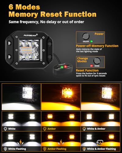 Auxbeam 6 Modes Amber White Series Flush Mount Strobe Lights 5 Inch 72W LED Pods Spot Flood Combo Flashing/Warning Multi-Function Offroad Lighting Bumper Grille Mount, Pair - color: 5" Flush Mount