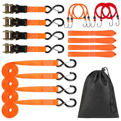 Tie Down Straps Ratchet Set, Ratchet Straps Heavy Duty 1500 LBS Break Strength Tie Downs, Ratchet Straps with S Hooks & Safety Clips, Soft Loops & Storage Bag for Motorcycle Trailer UTV Cargo