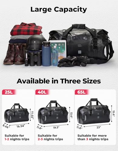 KEMIMOTO Waterproof Motorcycle Dry Bag – Duffle Tail Bag Soft Luggage, 25L/40L/65L Large Capacity with 4 Quick-Release Straps, Dustproof for Touring, Adventure, Motorcycling & Camping Black - size: 65L