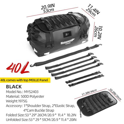 Rhinowalk Motorcycle Tail Bag 40L Waterproof Duffle Dry Bag Motorcycle Travel Luggage with Large Storage Space for Camping, Boating, Bycycle, Motorbike-Black - size: 40L