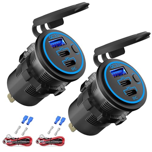 2 Pack 12V USB Outlet Wired Charger Multi Port, Dual PD3.0 USB-C and Quick Charge 3.0 Car Port Socket with Power Switch, Fast Charger for Cell Phone Tablet, Suitable for Car Boat RV Marine ATV - color: pack of two
