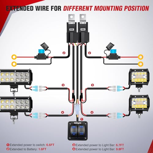 Nilight 16AWG LED Light Bar Wiring Harness Kit 12V On/Off 2 Gang Rocker Switch Panel Power Relay Blade Fuse 5Pin Toggle Switches for Cars Boat ATV Trucks-4 Leads - color: 2Gang Rocker Switch 16AWG Wiring Harness