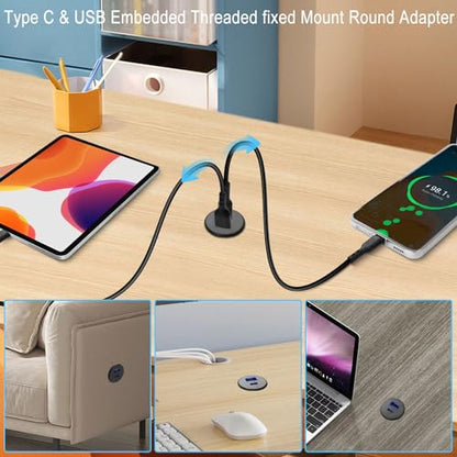 QIANRENON 2 Port USB C & USB Threaded Fixed Fast Charging Adapter 15W USB C + USB A Embedded Mount Round Connector Socket 5V/3.1A,LED Light, Mount on Furniture Desktop, Black (only for USB Charge) - color: Black