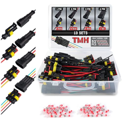 TMH 1/2/3/4 Pin Wire Connector 22 AWG Waterproof Electrical Male and Female, 10 cm. Wire Connectors 1-4 Way with Heat Shrink Tubing for Car Truck Boat Wire Connection (26PCS) - size: 1/2/3/4 Pin - 26PCS