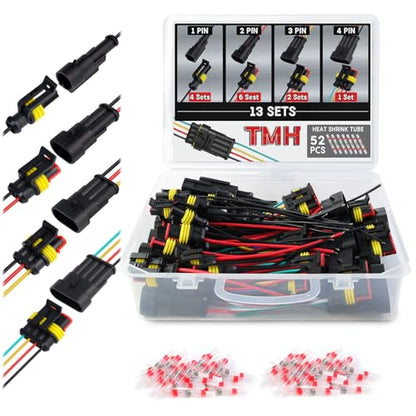 TMH 1/2/3/4 Pin Wire Connector 22 AWG Waterproof Electrical Male and Female, 10 cm. Wire Connectors 1-4 Way with Heat Shrink Tubing for Car Truck Boat Wire Connection (26PCS) - size: 1/2/3/4 Pin - 26PCS
