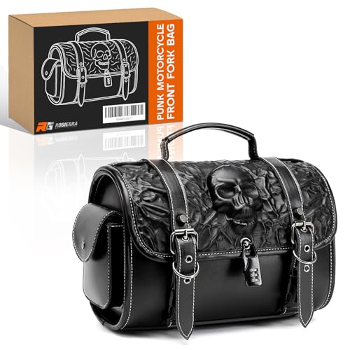 Rogierra Punk Motorcycle Front Fork Bag for Cruiser Motorcycles,Leather Motorcycle Tool bag Handlebar Bag with Reinforced Straps Waterproof bag with Lock design,14L - style: Embossed Skull Pattern With Lock Design