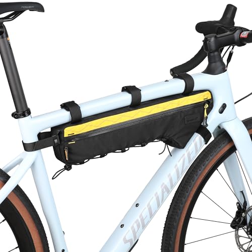 Rhinowalk BHD0017 Bike Frame Triangle Bag 2.4L, Waterproof Tool Storage Bag with YKK Zippers, Pump Holder & Cable Port Slim Fit – Black+Yellow - color: Black+Yellow, 2.4L