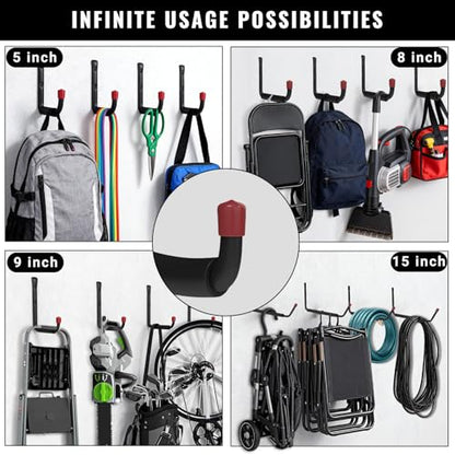 6 Pack Garage Hooks Heavy Duty, 5.51 Inch Easy to Install Steel Ladder Storage Hooks, Wall Mount Organizer with EVA Pads for Kayaks, Bikes, Chairs, Tools