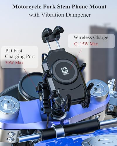 BRCOVAN Motorcycle Fork Stem Phone Mount with Wireless & USB-C Charger | Qi 15W & PD 36W, Anti-Theft Motorcycle Phone Holder with Vibration Dampener for 5.4''-7.2'' Cellphones