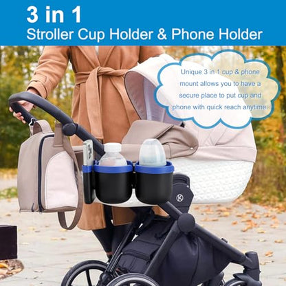 Accmor Stroller Cup Holder with Phone Holder, Bike Cup Holder, Universal Cup Holder for Uppababy Nuna Doona Strollers, 2-in-1 Cup Holder for Walker, Wheelchair, Scooter - color: Double Holder-Blue