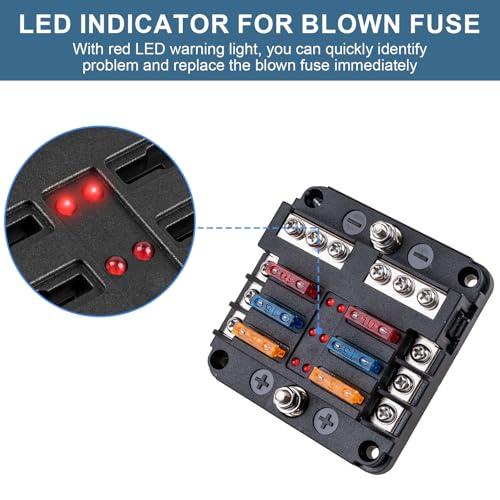 BetyBedy 6 Way Fuse Block, 12V Marine Fuse Box with LED Indicator, Automotive 6-Circuit Blade Fuse Block with Waterproof Cover for RV Motorcycle Boat Vehicle, 12PCS Fuses ＆ Tip Stickers Included - style: 6-Way