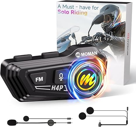 Moman Motorcycle Helmet Headsets Speaker, Hands‑Free Hi-Fi Speakers Dual Noise Cancellation with Loud Sound, Voice Assistant IPX6 Waterproof with RGB FM Radio for All Helmets and Solo Riding (H4P) - style: H4P