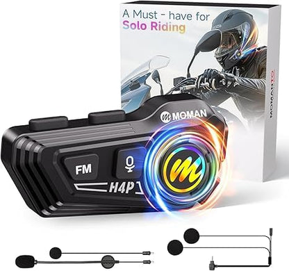 Moman Motorcycle Helmet Headsets Speaker, Hands‑Free Hi-Fi Speakers Dual Noise Cancellation with Loud Sound, Voice Assistant IPX6 Waterproof with RGB FM Radio for All Helmets and Solo Riding (H4P) - style: H4P