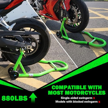 MOTO4U Motorcycle Stand,880lbs Motorcycle Stands Front and Rear with 4 Adjustable Swingarm Spool,Heavy Duty Front Rear Wheels Lift Combo,Paddock Stands Dual bolt Universal Fit for Most Sport Bike