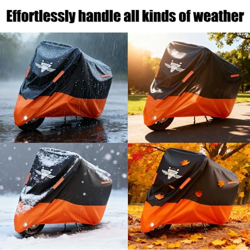 Motorcycle Cover, 300D Heavy Duty All Season Universal Windproof Dustproof Rain Sun Protection with 4 Night Reflectors Lock-Hole Carrying Bag Up to 104" (XXL) - size: XXL