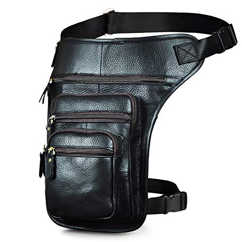 Le'aokuu Mens Genuine Leather Motorcycle Tactic Belt Waist Pack Drop Leg Cross Over Bag - color: X3111 Black