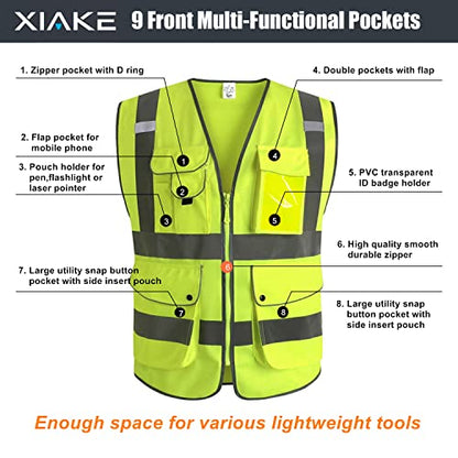 XIAKE 9 Pockets Class 2 High Visibility Reflective Safety Vest for Men Women,Meets ANSI/ISEA Standard - color: Yellow, size: 5X-Large