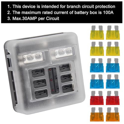 2Pcs 12V 24V Waterproof Fuse Block 6 Way ATO/ATC Fuse Box Holder Cover with LED Indicator Light for Marine Automotive Boat Car Truck