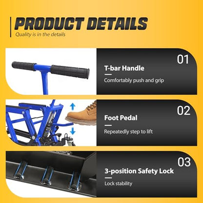 1500 Lbs Hydraulic Moto Lift, Foot-Operated, 3-Speed Lock & Belts, Blue | 1500 Lbs Hydraulic Moto Lift, Foot-Operated Jack, 9.4"-14" Height, 3-Speed Lock, 2 Ratchet Belts, for ATV/UTV - color: Blue