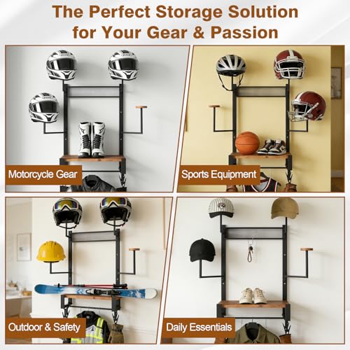 Wall Mounted Motorcycle Helmet Holder, Heavy-Duty Helmet Rack with 4 Helmet Mounts & 4 Glove Clips, Rustic Wall Mounted Organizer with 4 Hooks for Motorcycle Helmets, Shoes, Accessories
