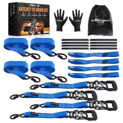 maXpeedingrods Heavy Duty Ratchet Straps 1.6 Inch x 8 FT Tie Down Strap 5208lbs Luggage Straps with S Hooks & Soft Loops for Towing Motorcycles ATVs UTVs Jet Skis Golf Carts 4 Pack - color: blue