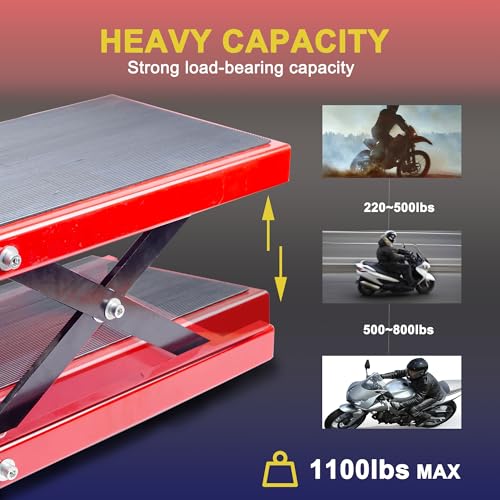 Motorcycle Lift Scissor Jack, Motorbike Jack with 1100lb Capacity Wide Deck Motorcycle Center Stand, Steel Scissor Jack for Street Bikes, Cruiser Bikes, Touring Motorcycles, Red