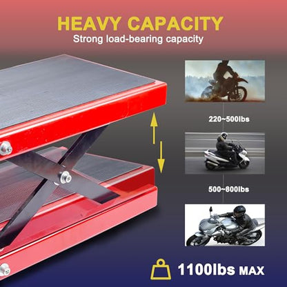 Motorcycle Lift Scissor Jack, Motorbike Jack with 1100lb Capacity Wide Deck Motorcycle Center Stand, Steel Scissor Jack for Street Bikes, Cruiser Bikes, Touring Motorcycles, Red