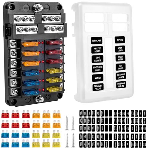 BetyBedy 12 Way Fuse Block, 12V Marine Fuse Box with LED Indicator, Automotive 12-Circuit Blade Fuse Block with Waterproof Cover for RV Motorcycle Boat Vehicle, 24PCS Fuses ＆ Tip Stickers Included - style: 12-Way