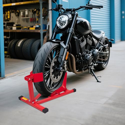 Motorcycle Front Tire Chock, Adjustable Motorcycle Wheel Chock, 1500 lbs Heavy Duty Wheel Stand for 17"- 21" Wheels, Motorbike Front Chock Trailer Stand(Red) - size: 1500lbs for 16"-21" Wheels（triangle）