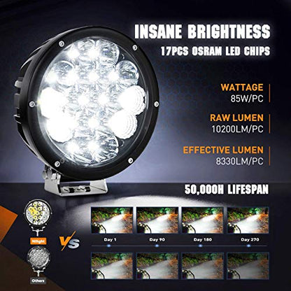 Nilight 2PCS 7Inch 85W LED Driving Light 10200LM IP68 Spot Flood Combo Round Built-in EMC Offroad Lights with 14AWG DT Connector Wiring Harness Kit for Truck ATV UTV SUV - color: 2Pcs 85W 7Inch LED Light Kit