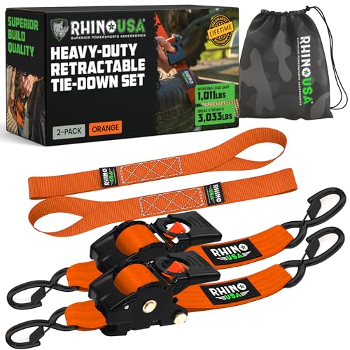 Rhino USA Retractable Ratchet Straps (2-Pack) - 2 Inch x 10 Feet (3,033lb Break Strength) - Heavy Duty Auto Self Retracting Tie Down Straps for Truck, Cargo Trailer, Motorcycle, Rad & More - Orange - color: Orange, size: 2PK