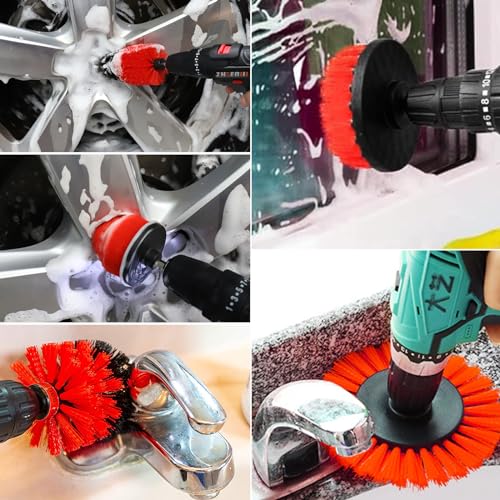 8 Pcs Drill Brush Attachment Set, Power Cleaning Scrub Brush Kit with Extend Long Attachment, All Purpose Drill Scrub Brushes for Car, Grout, Floor, Tub, Bathroom and Kitchen (red) - color: Red