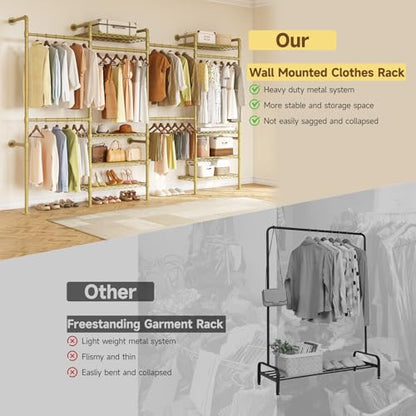 ONBRILL H4 Wall Mounted Closet System, Expandable Industrial Pipe Clothes Rack Clothing Rack for Hanging Clothes, Heavy Duty Closet Organizers and Storage in Wardrobe Closet - Gold - color: Gold