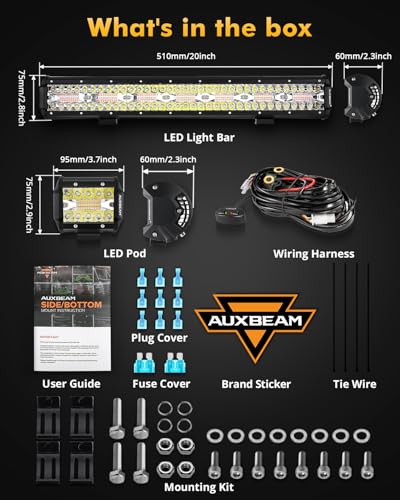 Auxbeam 6 Modes Amber White Series, 4" LED Pods with 20" LED Light Bar Combo Set, Dual Color Strobe Flash/Warning/Signal Spot Flood Combo Auxiliary Offroad Fog Lights, 3 Packs - color: 4" & 20" Combo
