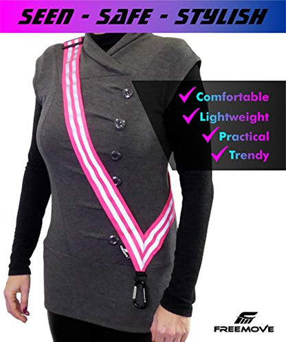 FREEMOVE Reflective SASH with 2 Bands - or - Reflective Runners Waist Belt with 4 Arm Bands > Easy to Put On/Off Reflective Gear for Guaranteed Visibility & Safety for Dog Walking, Running, Cycling - color: Pink SASH and BANDS
