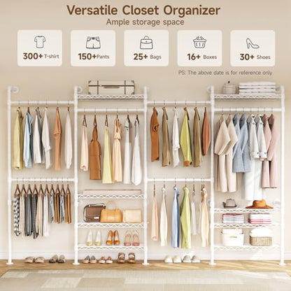 ONBRILL H4 Wall Mounted Closet System, Expandable Industrial Pipe Clothes Rack Clothing Rack for Hanging Clothes, Heavy Duty Closet Organizers and Storage in Wardrobe Closet - White - color: White