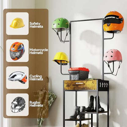 uyoyous Motorcycle Helmet Holder, Helmet Stand, Large Standing Helmet Holder, Metal Motorcycle Helmet Storage Rack with Drawer for Jacket, Hats, Multifunctional Helmet Rack, Motorcycle Accessories